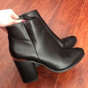 Women’s black 3 inch heeled booties with gold